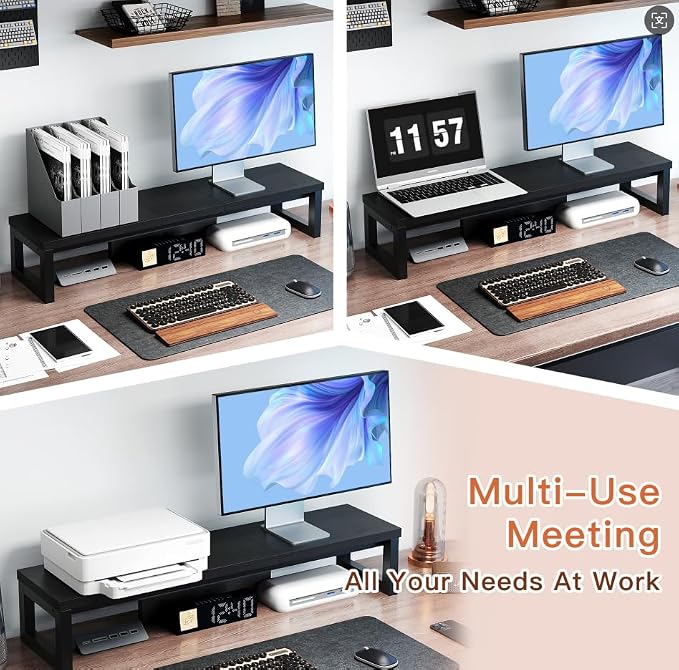 Dual Monitor Stand Riser, Wood and Steel Monitor Stand for Desk, Multi-Purpose Desk Shelf Organizer for Computer, Laptop, Printer, TV, Black