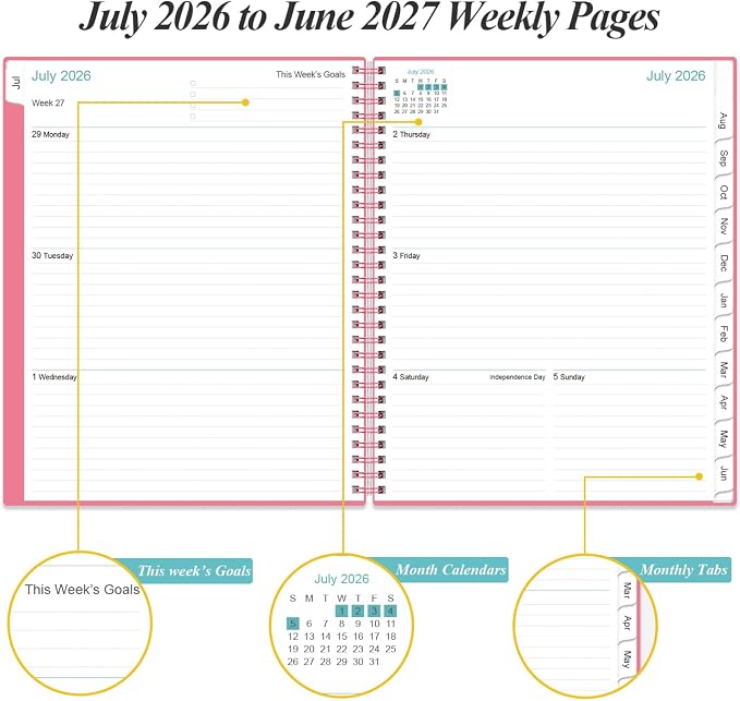 2026-2027 Planner - Planner 2026-2027 from July 2026 to June 2027 with 12 Monthly Tabs, Flexible Cover, Inner Pocket, 8.5" x 11", Pink-B
