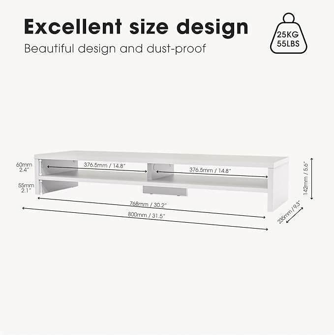 Fenge 31.5 Inch Dual Monitor Stand Riser for Desk, White | Wooden Desk Shelf, 2-Tier Open Storage Compartment, for PC Laptop Screen Printer, Home Office Desktop Organizer