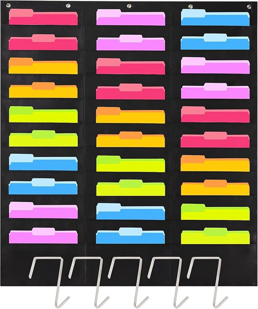 Hippo Creation Heavy Duty Storage Pocket Chart for Classroom, 30 Pocket Storage Organizer with 5 Over-Door Hangers, Hanging Wall Organizer for File Folders, School Mailbox, Home Office Papers - Black