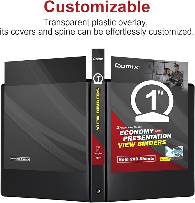 COMIX Sturdy 3 Ring Binder 1 inch with Clear View Cover, 1" Round Ring View Binder, PVC-Free, 200 Sheets Capacity of US Letter Size Paper, Office ＆ School Supplies, 24 Pack (Black)