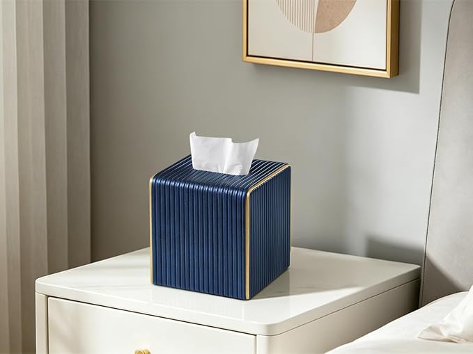 Square PU Leather Tissue Box Cover with Magnetic Closure, Decorative Tissue Holder & Storage Container for Bedroom, Living Room, Dining Room, Bathroom, Countertop, Desk (Square Blue)