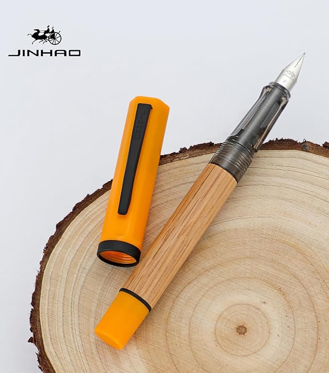 Jinhao 58 Natural Oak Wood Fountain Pen, Fine Nib Writing Pen (Turmeric) | Handcrafted natural oak wood pen with converter. Elegant executive gift for journaling, sketching & calligraphy.