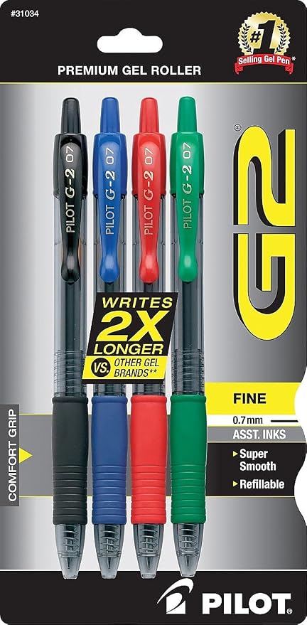Pilot G2 Retractable Premium Gel Ink Roller Ball Pens, Fine Point, 4-Pack, Assorted Colors, Black/Blue/Red/Green