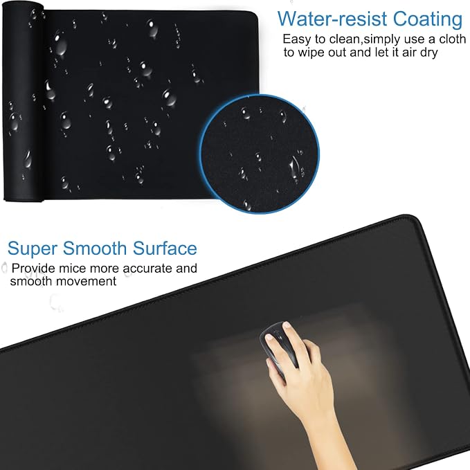 Mouse Pad Gaming, Extra Large Mousepad with Stitched Edges, Premium Microfiber Cloth Surface, Waterproof Non-Slip Base Keyboard Big Desk Mat for Home Office Gaming, 31.5 x 11.8 in, Black
