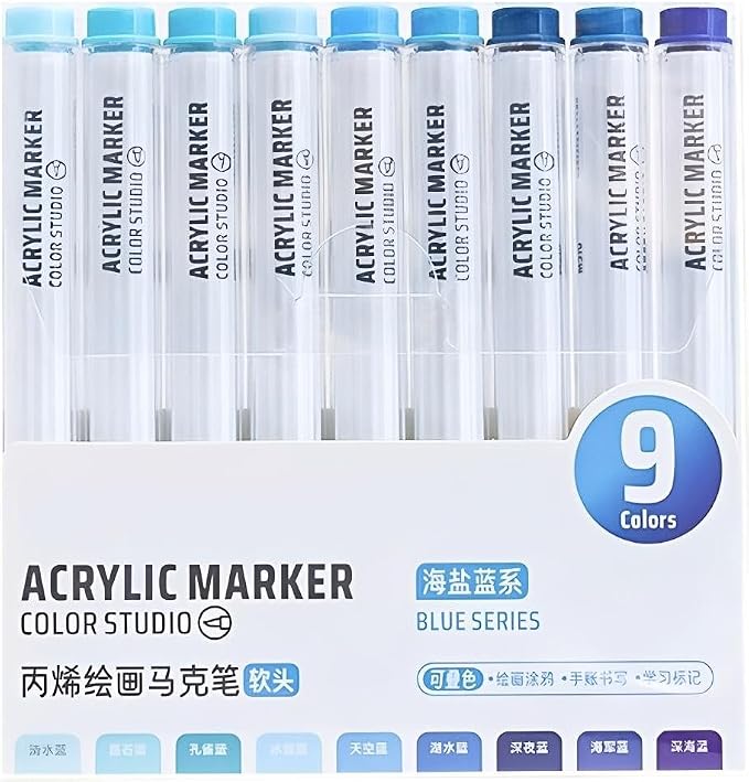 Blue Acrylic Paint Pen Markers, 9 Colors Soft Brush Tip Paint Pens for Wood Glass Eggs Rock Painting Canvas Stone Fabric DIY Crafts Making Art Supplies (Blue)