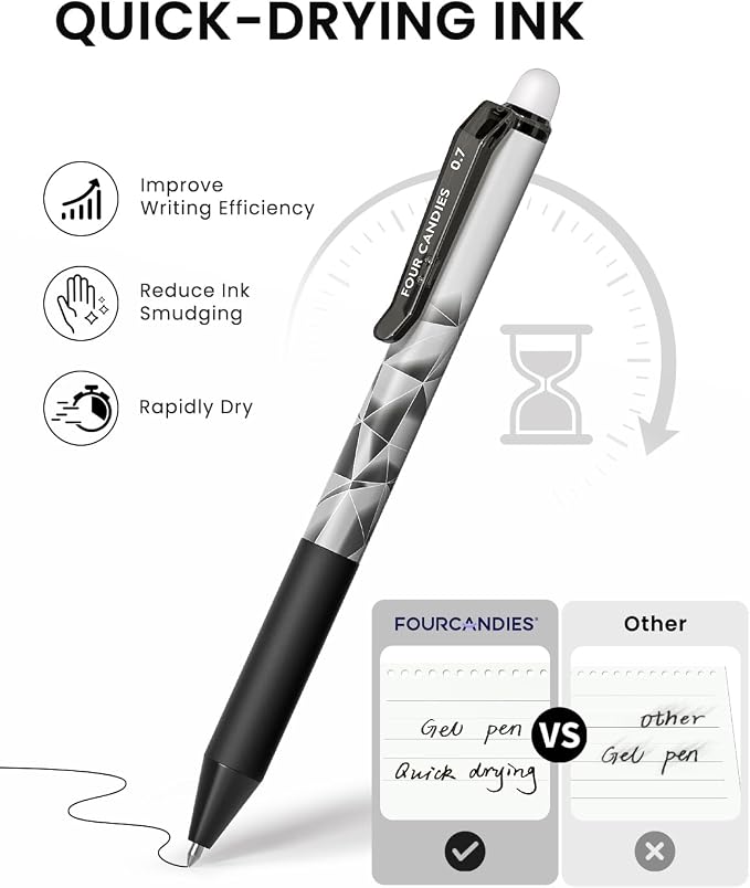 Four Candies Retractable Black Erasable Gel Pen, Fine Point, 0.7mm, 12 Pack | Make Mistakes Disappear, Erasable Pens Black for Drawing, Writing, Planners & Crossword Puzzles