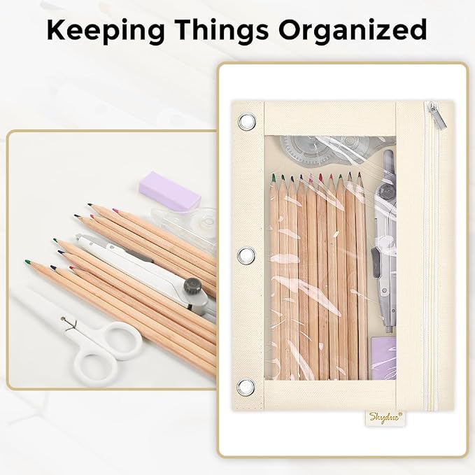 SKYDUE Pencil Pouches for 3 Ring Binder, Zipper Pencil Pouch for Girls Boys, Clear Window Pencil Bag, 3 Ring Pencil Pouch Case for Binder, Durable Organizer for School Supplies