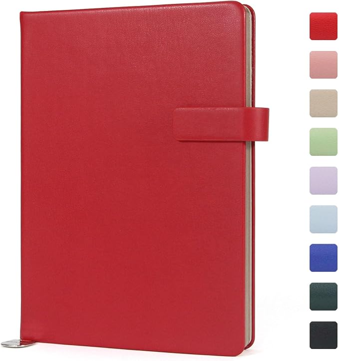 A5 Hard Cover Lined Notebook, Pen Holder & Gold Edges, 180° Lay Flat Journal, Large 5.7 x 8.4 in, Bookmark & Gift Box, Business Notebook for Work, Study, Travel(Red)