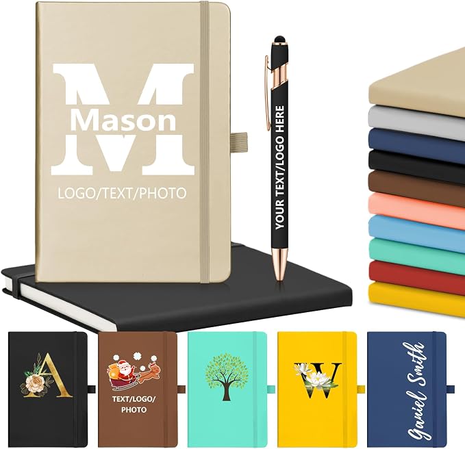 ENOMY Personalized Notebook & 10 PC Pens Gift Set Custom Notebook Journal A5 200 Pages A5 Lined Journal for Men Women Hardcover Notebooks for Work College Graduation Gifts, Gold