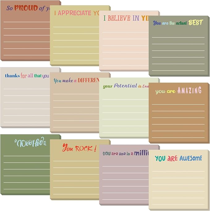 Yinder 12 Pcs Inspirational Sticky Notes, Back to School Supplies, Cute Motivational Sticky Notes Pad Employee Appreciation Gifts Bulk for Teacher Coworker Office 3 x 3'' (Appreciation,Boho Color)
