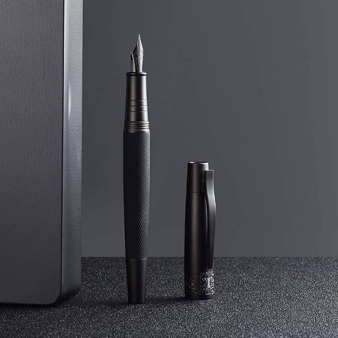 Pure Black Fountain Pen, PVD Coated Black Bent Nib Solid Metal Fude Pen, Metal Box Set by Hongdian