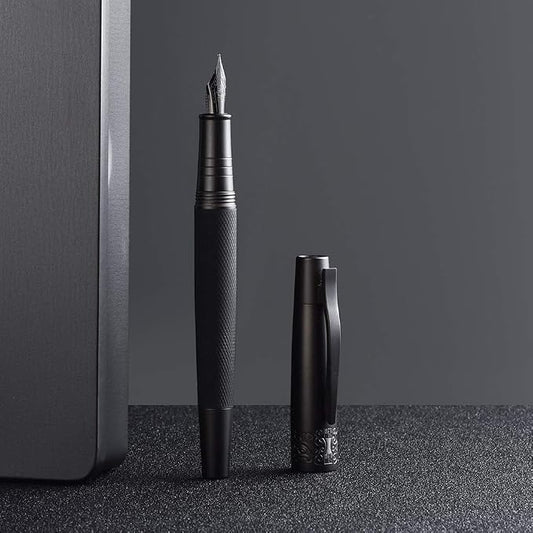 Pure Black Fountain Pen, PVD Coated Black Bent Nib Solid Metal Fude Pen, Metal Box Set by Hongdian