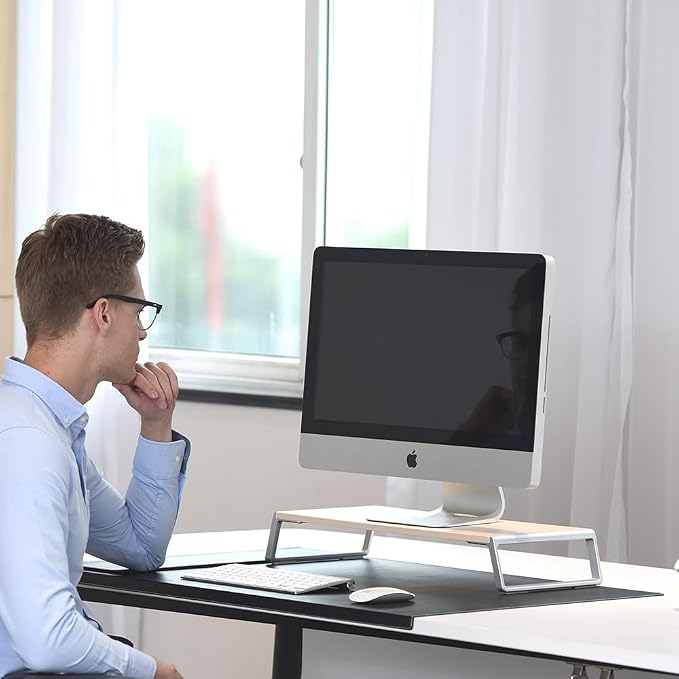 Wooden Steel Monitor Stand Riser With Storage Space Supports 22lb For Laptop Computer And 27 Inch iMac With Aluminum Legs (Black)