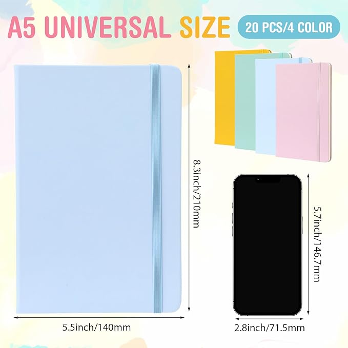 Honoson 20 Pack A5 Lined Journal Notebooks Hardcover Executive Notebook 5.5" x 8.3" PU Leather Wide Ruled Journals Bulk 160 Pages for Back to School Supplies Office Business Home (4 Pastel Colors)