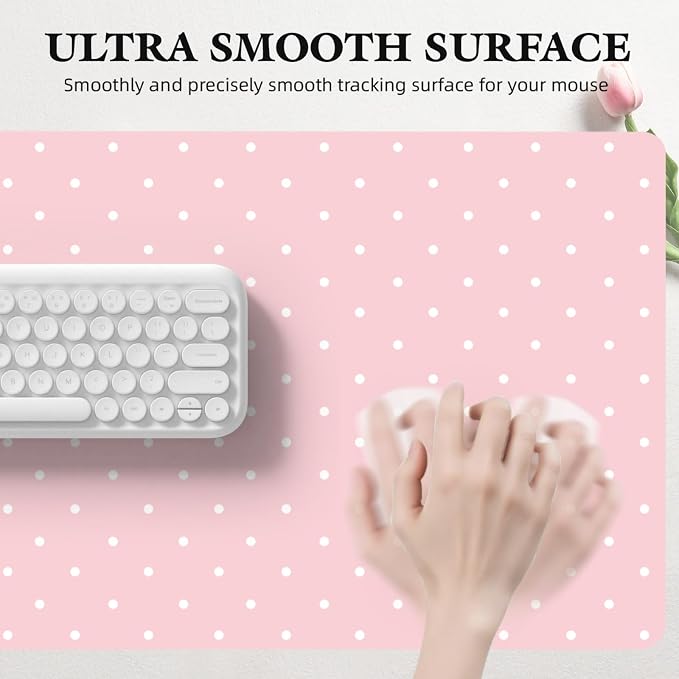 White Polka Dot Leather Desk Mat Extended Gaming Mouse Pad | Non-slip Large Writing Pad Laptop Blotter Computer Keyboard Mat | Cute Pink Desk Protector for Home Office 31.5" x 15.7"