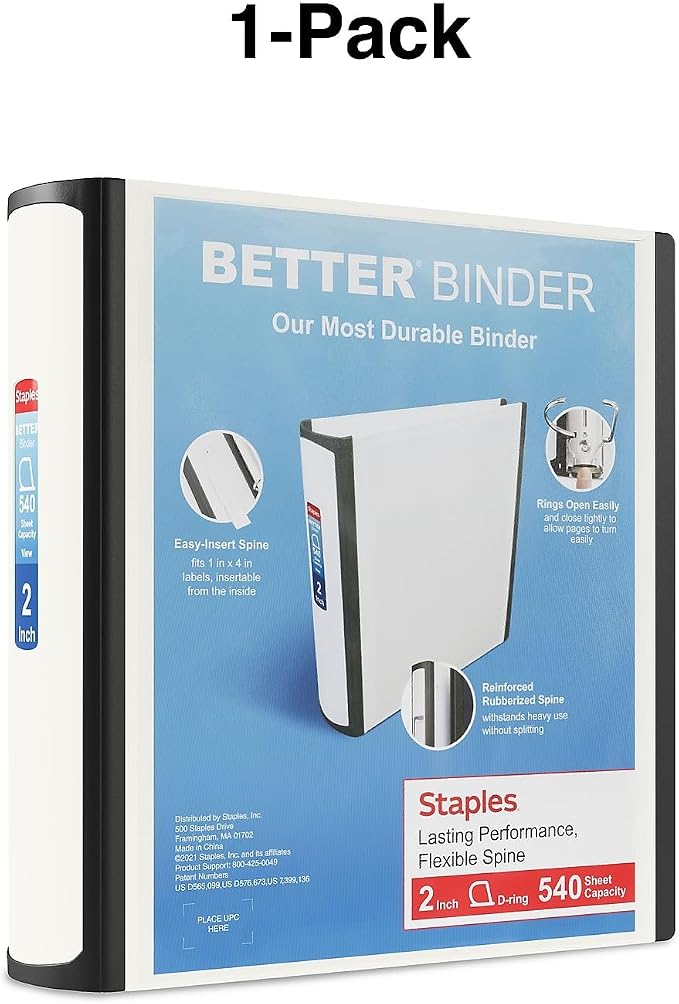 Staples Better Binder 2 Inch 3-Ring Binder, White, Wide Spine View Binder with Locking Rings, Durable Office Binder, 2 Pack