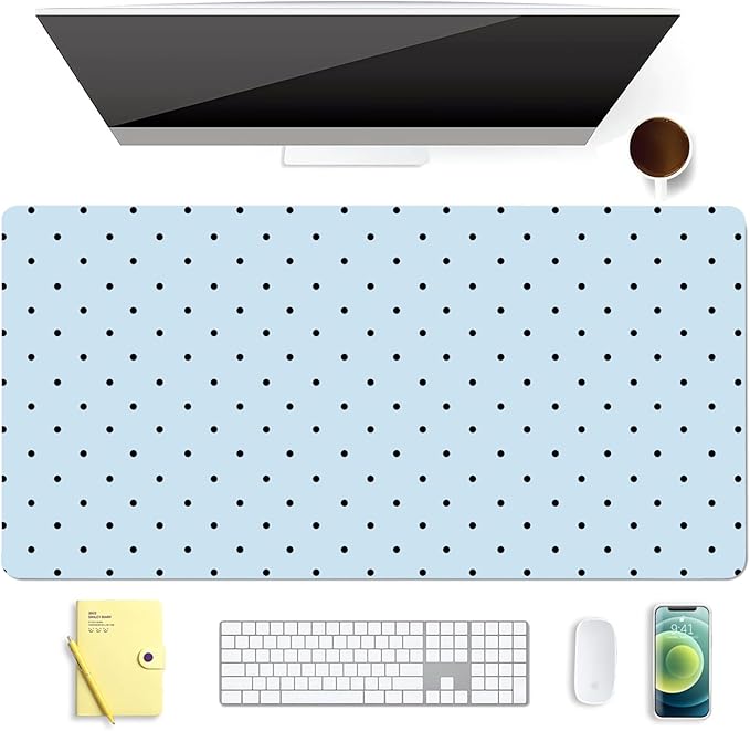 Black Polka Dot Leather Desk Mat Extended Gaming Mouse Pad | Non-slip Large Writing Pad Laptop Blotter Computer Keyboard Mat | Cute Blue Desk Protector for Home Office 23.6" x 11.8"