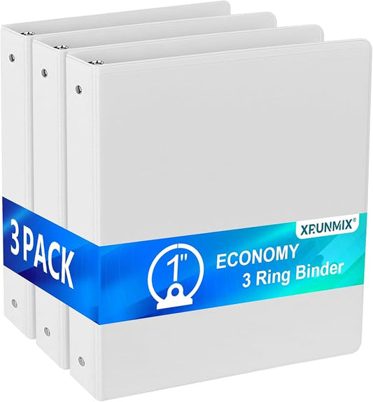 Bulk 3 Packs 1'' Economy 3-Ring Binders, 1 Inch Round Rings, US Letter Size 8.5'' x 11'', 200 Sheets Capacity, ClearVue Presentation View, Non-Stick, White (3)