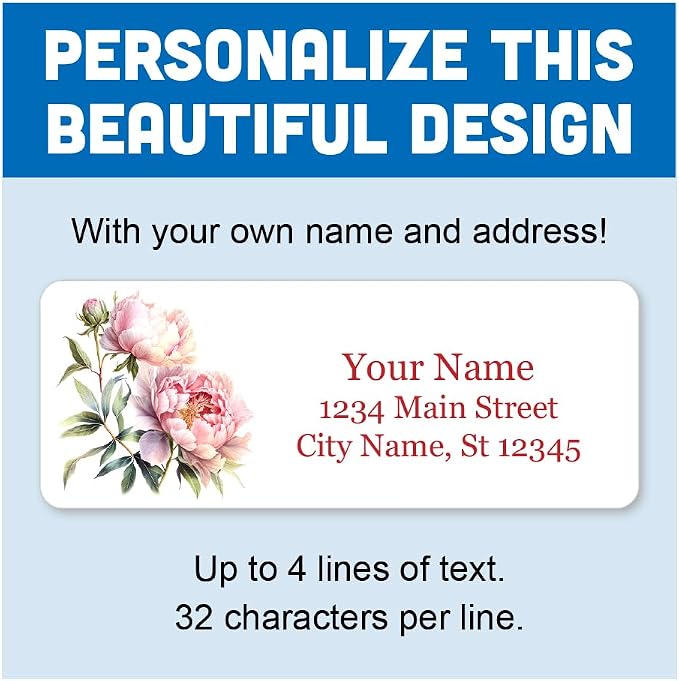 Personalized Return Address Labels - Delicate Peonies - 60-1000 Custom Self-Adhesive Stickers