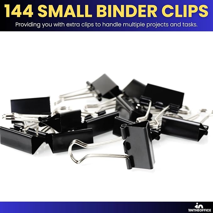 1InTheOffice Small Binder Clips, Paper Clamps, 38" Capacity, Black, 144 Pack