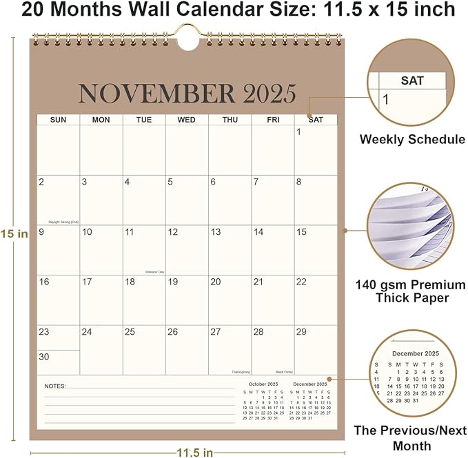 Calendar 2026-2027 - 18 Months Wall Calendar from July 2026 - June 2027, Vertical Calendar, 12" x 14.5", Beige