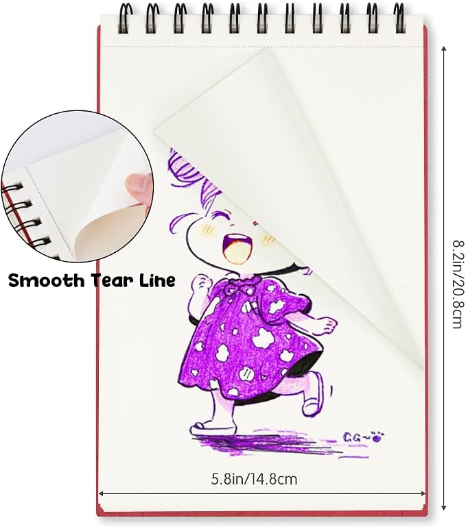 5.8x8.3in Sketch Book, 60Sheets Spiral Bound Notebooks, Natural White 92lbs/150gsm Acid-Free Drawing Paper for Painting,Sketching, Professional Sketch Pad for Artists, Beginners. NW-Red