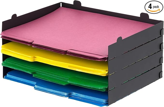 IRIS USA 4-Pack Stackable Metal Letter Tray Organizer, Black | Sort paperwork, documents, and office essentials with stackable trays designed for desks and workspaces
