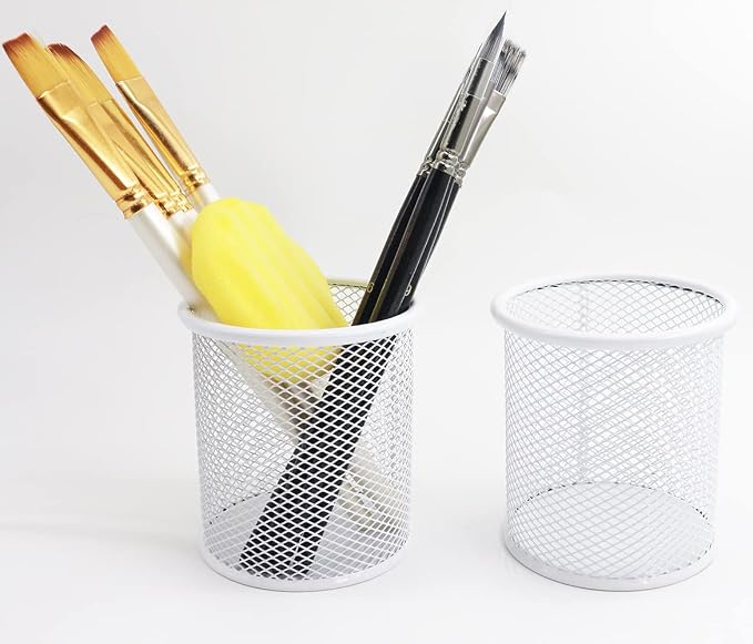 Pen Holder Mesh Pencil Holder Metal Pen Holder Cup Pencil Cup Holder for Desk Office Pen Organizer White, 4 Pack