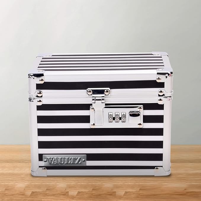 Vaultz Locking Medicine Box with Combination Lock - Secure Metal Lock Box Safe for Medication, Pills & Valuables, Small Lockbox with Code, Portable Storage Case, Striped | Metal lock box, storage case for medication and small valuables, 3-digit combina...