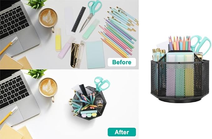 Exerz Desk Organizer 360 Rotating Pen Holder 5 Compartments Caddy Black | Smooth Spinning Base with Open Mesh Sections Easy Access to Pens Brushes Scissors Daily Desk Tools