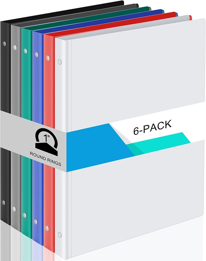 Fulmoon 6 Pack Plastic 3 Ring Binder Assorted Colors Economy Flexible Round Ring Presentation Binders with Pocket for Office School Meeting(1 Inch,Classic Colors)