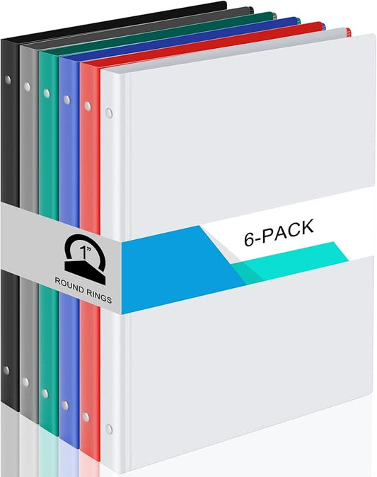 Fulmoon 6 Pack Plastic 3 Ring Binder Assorted Colors Economy Flexible Round Ring Presentation Binders with Pocket for Office School Meeting(1 Inch,Classic Colors)
