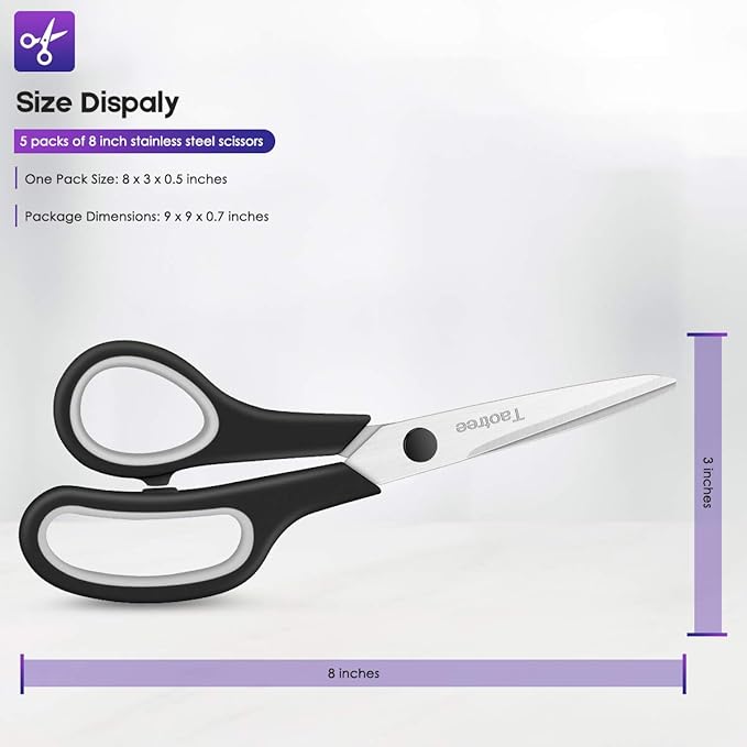 Scissors for Office, Taotree 8"Scissors All Purpose Bulk Set of 5-Pack | School Supplies Student Teacher Classroom, Sharp Craft Shears for Office Home Sewing Fabric, Right/Left Handles, Same Size