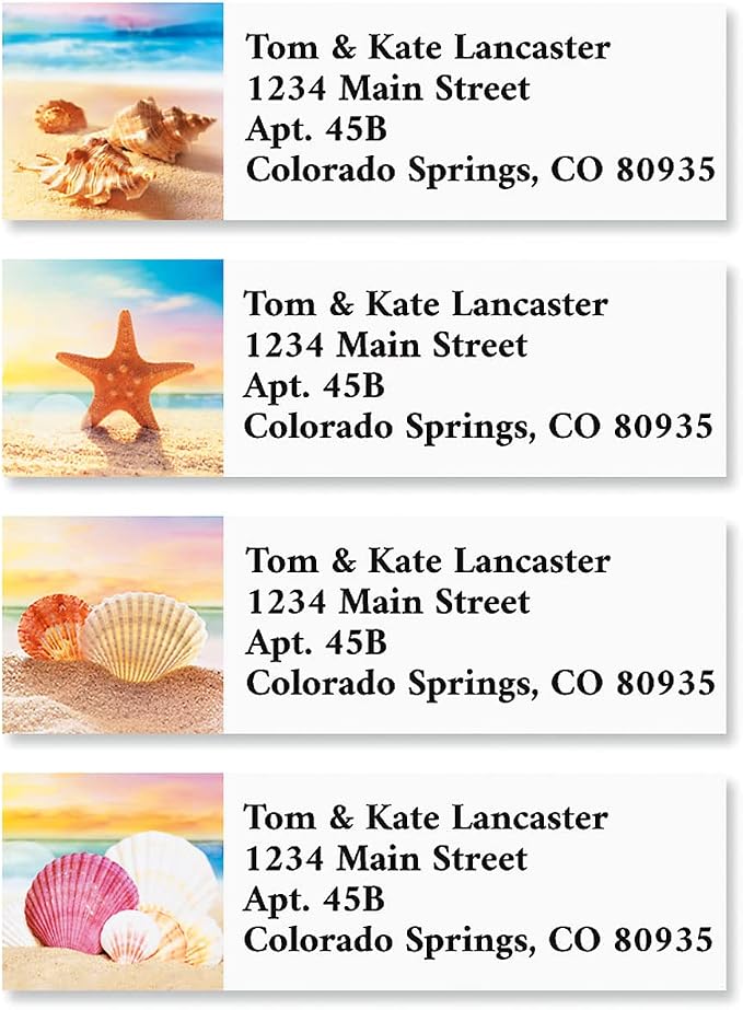 Colorful Images Seashell Beach Small Classic Return Address Mailing Labels, Personalized with Name & Address, Set of 240 Self Adhesive, Easy Peel Flat Label Sheets, ⅝” x 2”, 4 Designs