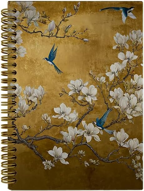 JTRYHRERE Vintage Gold Chinoiserie Floral Bird Spiral Notebook for Work Study, Luxury White Magnolia Floral Blue Bird Notebook Journal for Women Note Taking, 5.5x8.3 Inch