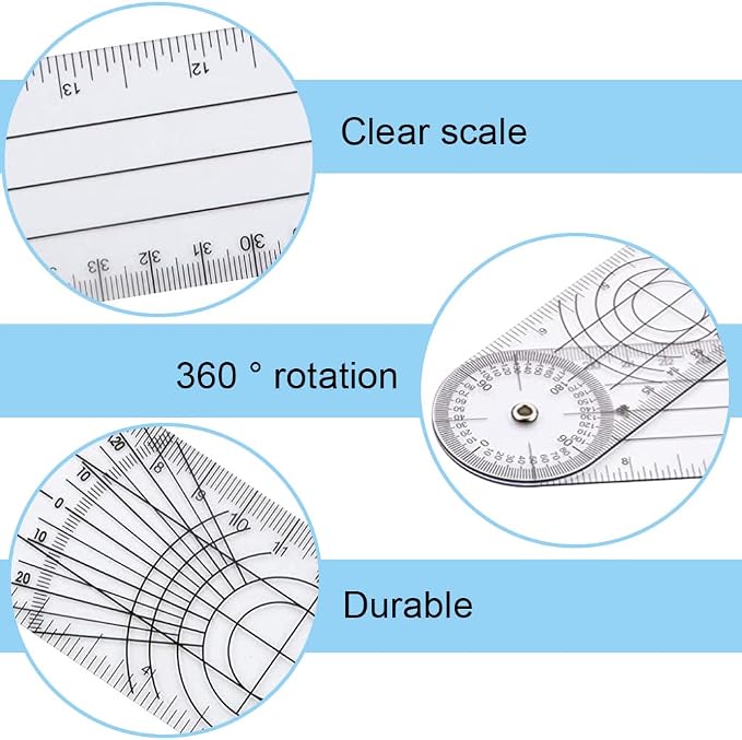 7 Inch Foldable Angle Ruler, Clear 360 Degree Goniometer Tool | Transparent plastic angle measuring tool with dual scales for woodworking, drafting, design, engineering and classroom use