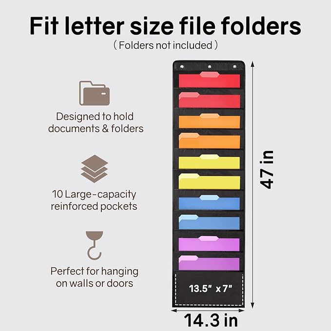 SUNEE 10 Pockets Hanging Wall File Organizer, Black Storage Pocket Chart for File Folder and Paper, Space Saver for Office and Classroom, with Wall Hangers, Over The Door Hooks, Labels