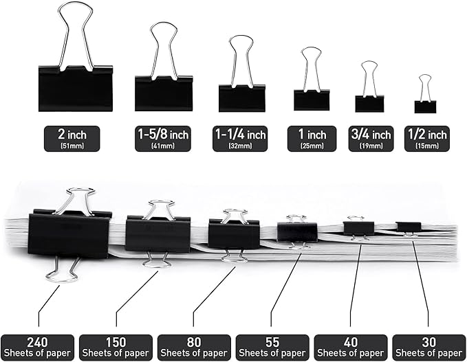 Large Binder Clips, 48 Pack, 1.6 Inch, Standard 41mm, Black, Capacity 0.66 Inch, Metal Paper Clips, Fold Clamp, Office Clips, School & Home Use