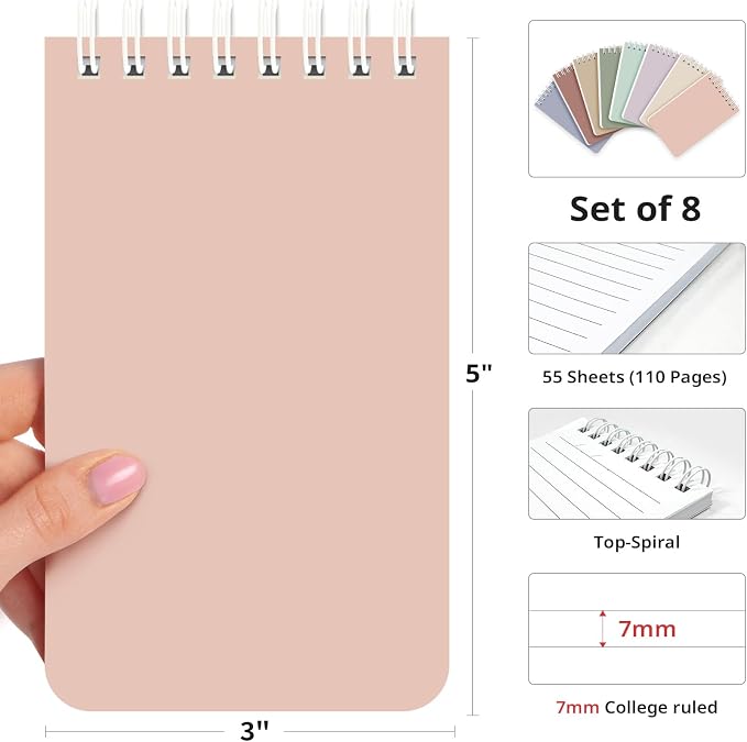 Taja Set of 8 Mini Pocket Notebook Top Spiral Nursing Notepads | Earthy Neutrals 3" x 5", Mini Little Spiral Notebook, Nursing Notepad, Perfect for Work, School, Office, Nurse, Travel