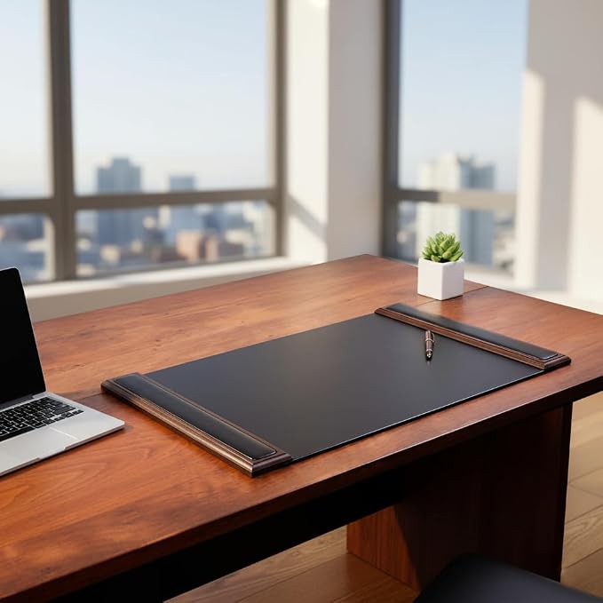 Dacasso 25.5” x 17.25” Walnut & Black Leather Desk Pad w/Side Rails - Luxury Desk Blotter for Writing - Padded Executive Desk Surface Protector