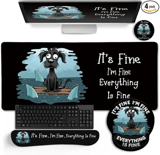 LIMKRIAN Funny Dog Mouse Pad Set Large Desk Mat for Desktop Decor, 35.4" | Ergonomic Wrist Rest Mouse Pad, Gaming Mousepad Wrist Support, Keyboard Mat, Coaster, Office Desk Accessories It's Fine