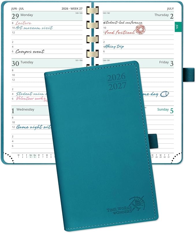 POPRUN Pocket Planner 2026-2027, Small 3.5''x6.5'' Academic Pocket Calendar | Weekly Planner, Purse Calendar Book(July 2026 - June 2027) with Hourly Time Slots, Spiral Soft Cover - Pacific Green