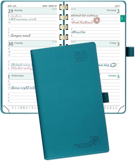 POPRUN Pocket Planner 2026-2027, Small 3.5''x6.5'' Academic Pocket Calendar | Weekly Planner, Purse Calendar Book(July 2026 - June 2027) with Hourly Time Slots, Spiral Soft Cover - Pacific Green