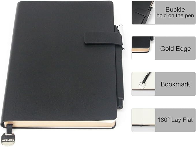 A5 Soft Cover Blank Notebook, Pen Holder & Gold Edges, 180° Lay Flat Journal, Large 5.7 x 8.4 in, Bookmark & Gift Box, Sketchbook Journal for Work, Study, Travel(Black)