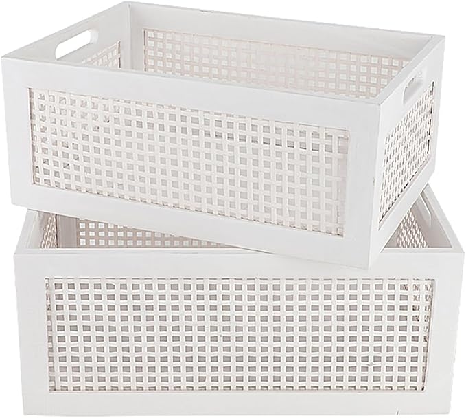 Desktop Storage Basket, Sundry Office Drawer Storage Box, Wood Frame Storage Basket. (White-Set2)
