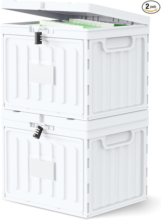 Oterri Lockable Plastic File Box with Lid for Letter-Size | Hanging File Folders Not Included. White, Large 2-Pack. Home, Office, Classroom, Dorm, Tax, Under Bed, Filing Cabinet.