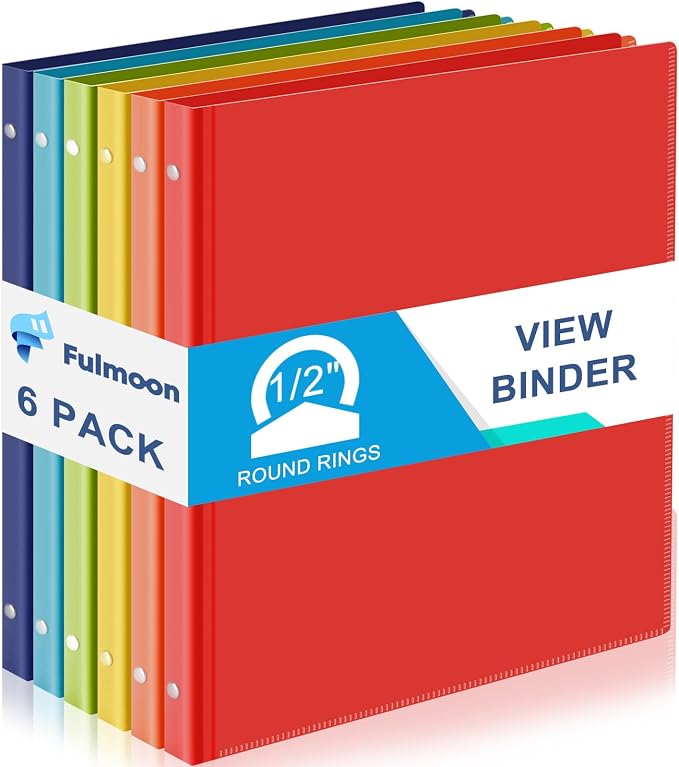 Fulmoon 6 Pack Plastic 3 Ring Binder Assorted Colors Economy Flexible Round Ring Presentation Binders with Pocket for Office School Meeting(0.5 Inch,Rainbow Colors)