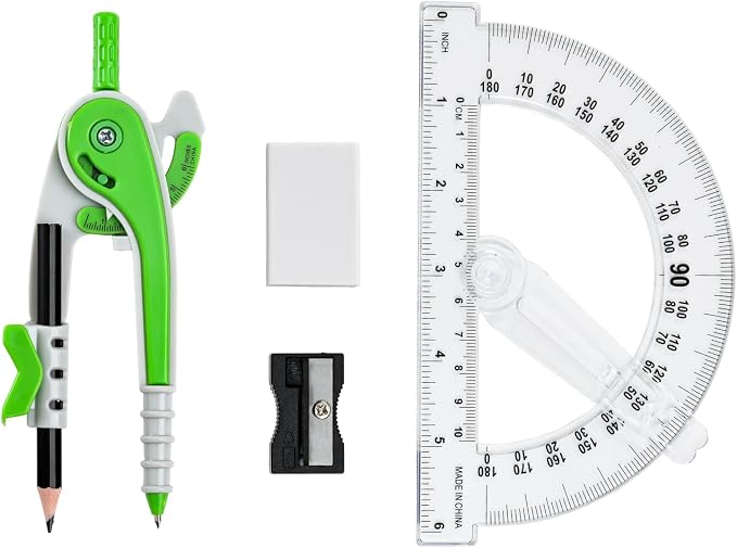 Vobou Compass and Protractor Set, 6 Inch Protractor with Swing Arm (Green) | Compasses for Math for Drafting, Sharpener, Eraser and 180 Degree 6 Inch Clear Protractor, Easy Grip, School Supplies