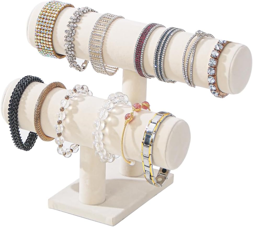 Coward 2 Tier Bracelet Holder Jewelry Display Stand, Necklace Bangle Bracelet Watch Organizer Storage Rack, Jewelry Show Tower for Women (Beige Velvet)